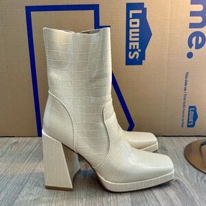 White Leather Snake-Print Chunky-Heeled Boots